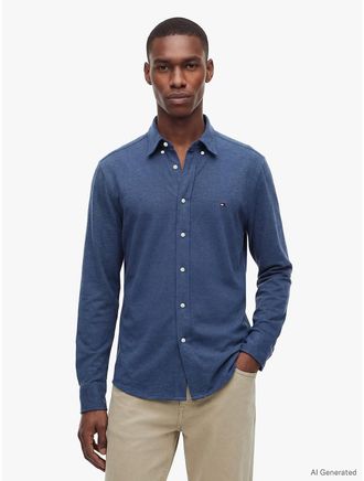 Tommy Hilfiger Mens Slim Fit Lightweight Pique Knit Shirt - Dark Blue Heather - XXL