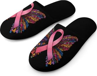 Generic Breast Cancer Rainbow Ribbon Butterfly Mens Slippers Warm Non-Slip Houes Shose Spa Slipper for Home Bedroom