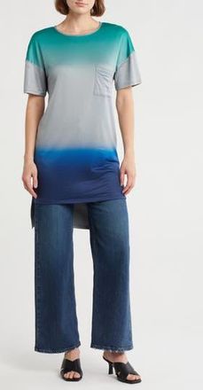 Go Couture High Low Tunic T-Shirt Dress in Charcoal Mint To Blue Print at Nordstrom Rack, Size X-Large