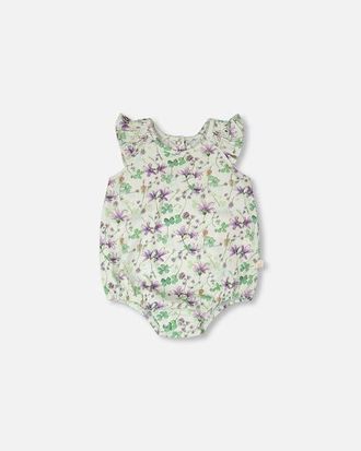 Deux par Deux Jersey Printed Flowers Romper in Green Floral Print at Nordstrom, Size 18M