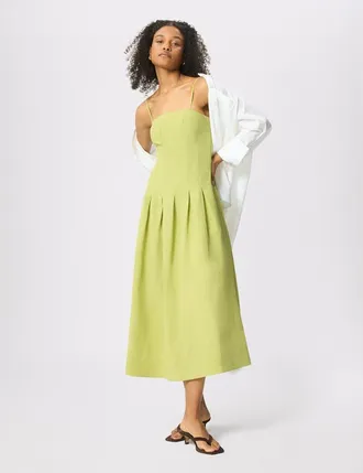 Whistles Linen Blend Waisted Midi Dress in Green at Nordstrom, Size 10