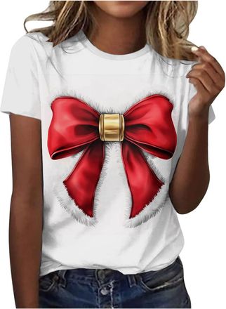 Generic Christmas Blouse Tops Woman Ladies Short Sleeve Tshirts Christmas Tree Printed Basic Tees Shirt Pullover Crew Neck Xmas Loose Sweatshirts Christmas T-