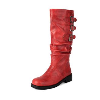 Generic Womens Round Toe Casual Long Boots Low Block Heel Platform Boots with Buckle PU Leather Knee High Boot,Red,2.5 UK