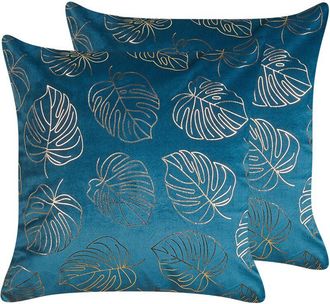 Beliani Conjunto De 2 Cojines De Terciopelo Azul Dorado 45 X 45 Cm Patr&oacute;n Hojas Deliciosa