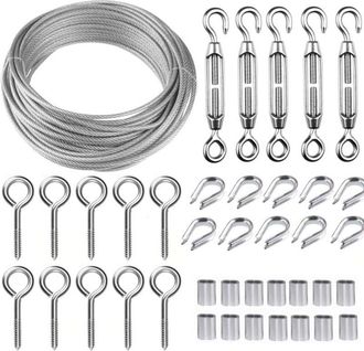 OEM Kit Cable Acero Inoxidable - 30 M &times; 2 Mm Recubierto Pvc - Tensadores M5 + Ganchos + Cables Terminales + Manguitos - Para Celos&iacute;as Plantas Escaleras Ba