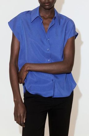 Mango Dolman Short Sleeve Button-Up Shirt in Blue at Nordstrom, Size 6