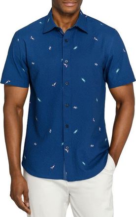 ConStruct Slim Fit Tropical Drinks Woven Short Sleeve Seersucker in Navy/green at Nordstrom, Size Xx-Large