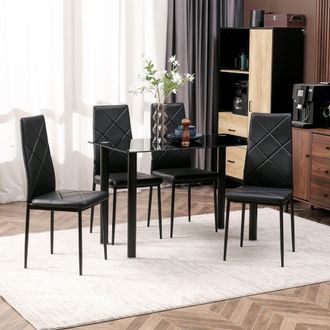 HOMCOM Dining Table & Chairs Set 4 with Padded Seat & Tempered Glass in Black