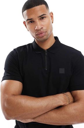 Boss Orange by Hugo Boss Passer - Polo slim nera con logo tono su tono e zip-Nero