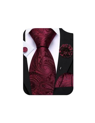 Barry.Wang Burgundy Tie 63 Paisley Silk Ties Set Pocket Square Cufflinks and Lapel Pin Extra Long Necktie Wedding