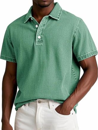 Generic Mokaloha Mens Shirts, Mens Vintage Washed and Distressed Pure Cotton Lapel Short-Sleeved Polo Shirt (Light Green,XXL)