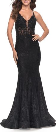 La Femme Exquisite Mermaid Lace Gown with Beaded Sheer Bodice in Black at Nordstrom, Size 14