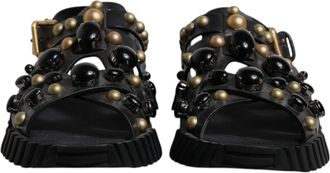 Dolce & Gabbana Black Leather Studded Slides Sandals Mens Shoes