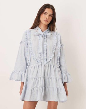 Sister Jane Sister Jane - Vestito corto in puro cotone blu gessato con maniche a campana e fiocco