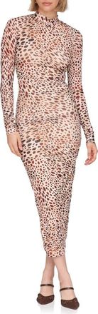 Avec Les Filles Mock Neck Long Sleeve Body-Con Maxi Dress in Spotted Animal at Nordstrom, Size X-Large