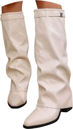 Generic Fold over Slouchy Knee High Heel Boots Flat Western Boots for Women Slouchy Slip on Mid Calf Boot Suede Casual Booties with Side Zipper Pull on Flat F