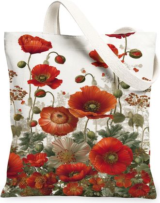 Generic Vintage Floral Canvas Tote Bags, Elegant Flower Design Reusable Grocery Bags, Autumn Lightweight Washable Shoulder Strap Ca, Red, 13x15 Inch