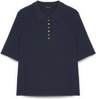 Fiorella Rubino Geribbelde gebreide polo met decoratieve knopen - Dames - Ronde hals truien - Blauw - S - Nylon - Truien & Vesten