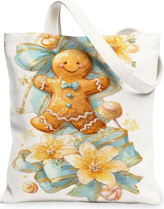 Generic Gingerbread Floral Canvas Tote Bags, Holiday Treat Pattern Reusable Grocery Bags, Vintage Lightweight Washable Shoulder Str, White, 13x15 Inch