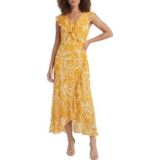 London Times Ruffle Faux Wrap Maxi Dress in Sauterne/Eggnog at Nordstrom Rack, Size 10