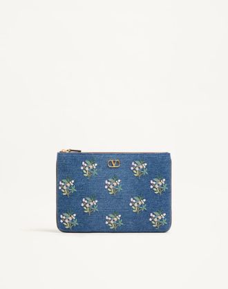 Valentino Garavani Pochette Valentino Garavani VLogo Signature in denim con ricamo floreale Donna DENIM UNI