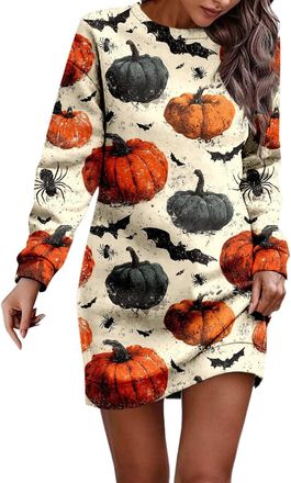 Generic Women Sweatshirts Dress Halloween Spider Web Crew Neck Long Sleeve Dresses Black Cat Patchwork Horror Pumpkin Party Casual Loose Blood Splatter Fall O