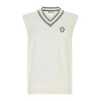 Brunello Cucinelli Brunello Cucinelli, Sleeveless Knitwear, male, White, Size: L Cotton Knit Vest with Logo