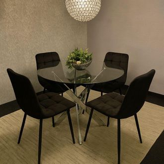 Kosy Koala Round Glass Dining Table Set With 4 Black Velvet Chairs Dining Room Furniture in Brown