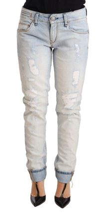 Acht Womens Distressed Jeans Straight Leg - Light Blue Cotton - Size 26 (Waist)