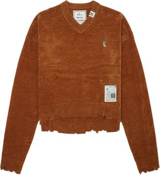 Miharayasuhiro Trui met V-hals en franje - Bruin