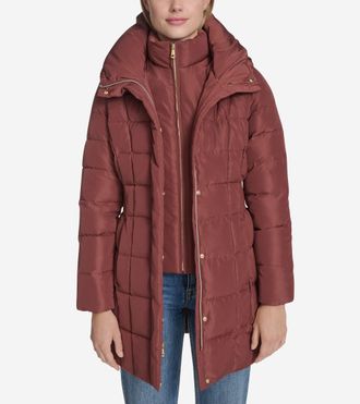 Cole Haan Womens 32 Signature Hooded Taffeta Down Coat - Brown Size Medium