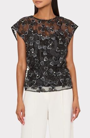 Milly Ryan Clover Bow Rhinestone Organza Top in 5Aa Black at Nordstrom, Size Petite P