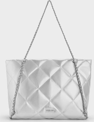 Charles & Keith Apfra Metallic Quilted Chain-Embellished Tote Bag