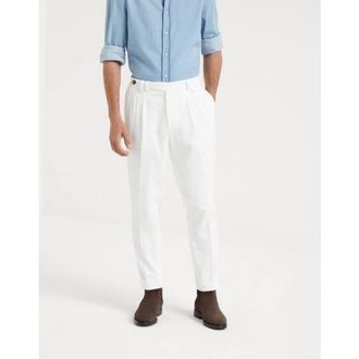 Brunello Cucinelli MenS White Pleated Cotton Trousers, Size 34