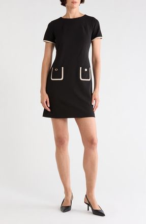 Tommy Hilfiger Short Sleeve Scuba Crepe Contrast Trim Dress in Black/Khaki at Nordstrom Rack, Size 14