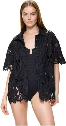 Gottex Guipure Lace Short Sleeve Button Down Shirt Cover-Up in Black at Nordstrom, Size X-Large