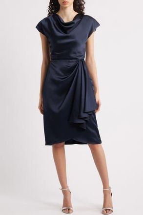 Amsale Cowl Neck Satin Sheath Dress in Navy at Nordstrom Rack, Size 2