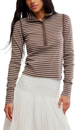 Free People Lake Stripe Rib Henley in Chocolate Combo at Nordstrom, Size X-Large