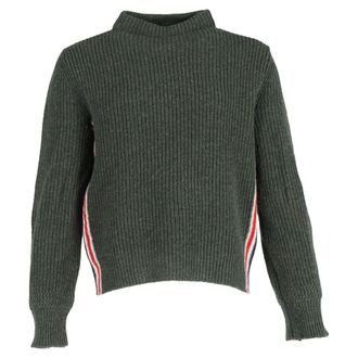 Thom Browne Ribbed-Knit Mock Neck Sweater in Green Wool