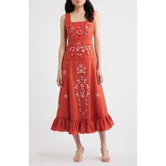 Elie Tahari The Lainey Embroidered Sleeveless Maxi Dress in Moroccan Red/Sky White at Nordstrom, Size 16