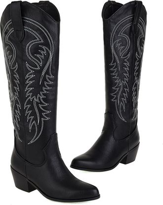 Generic Womens Closed Round Toe PU Leather Long Boots Pull on Knee High Boots Block Heel Western Cowboy Boot with Embroidery Stitched,Black Velvet Lining,6.5 