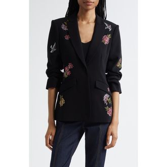 Cinq &agrave; Sept Cheyenne Crystal Flower Embellished Scrunched Blazer in Black Multi at Nordstrom Rack, Size 4