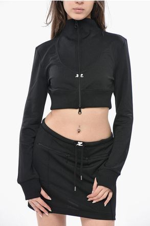Courr&egrave;ges Cropped-Fit Mock Neck Sweatshirt with Front Zip size L