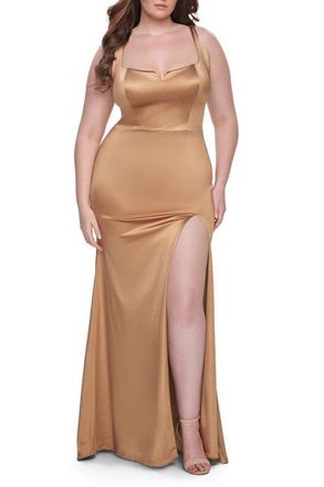 La Femme Stretch Satin Plus Size Dress with Unique Neckline and Slit in Bronze at Nordstrom, Size 16W