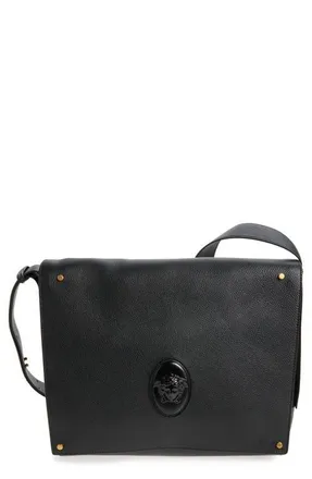 Versace Leather Messenger Bag in Black Gold 82 at Nordstrom
