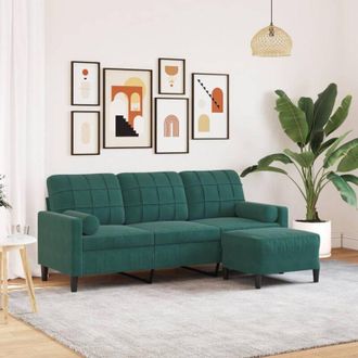 vidaXL Sof&aacute; De 3 Plazas Con Taburete De Terciopelo Verde Oscuro 180 Cm
