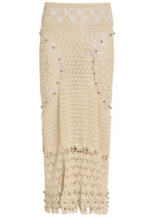 Paco Rabanne Bead-embellished Crochet Cotton Midi Skirt - Ecru - L (UK14 / L)