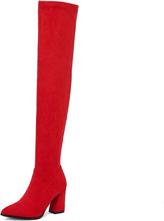Generic Womens Faux Suede Over The Knee Thigh High Boots Pointed Toe Block Heel Pull On Warm Winter Shoes (7.5,Red)