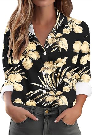 Generic Recent Orders Placed Womens Casual Shirts UK 2025 Spring Summer Long Sleeve Collared Button Down Blouse Dressy Trendy Floral Printed Tops Ladies Elega