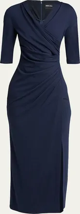 Giorgio Armani Elbow-Sleeve Draped Slit Midi Dress